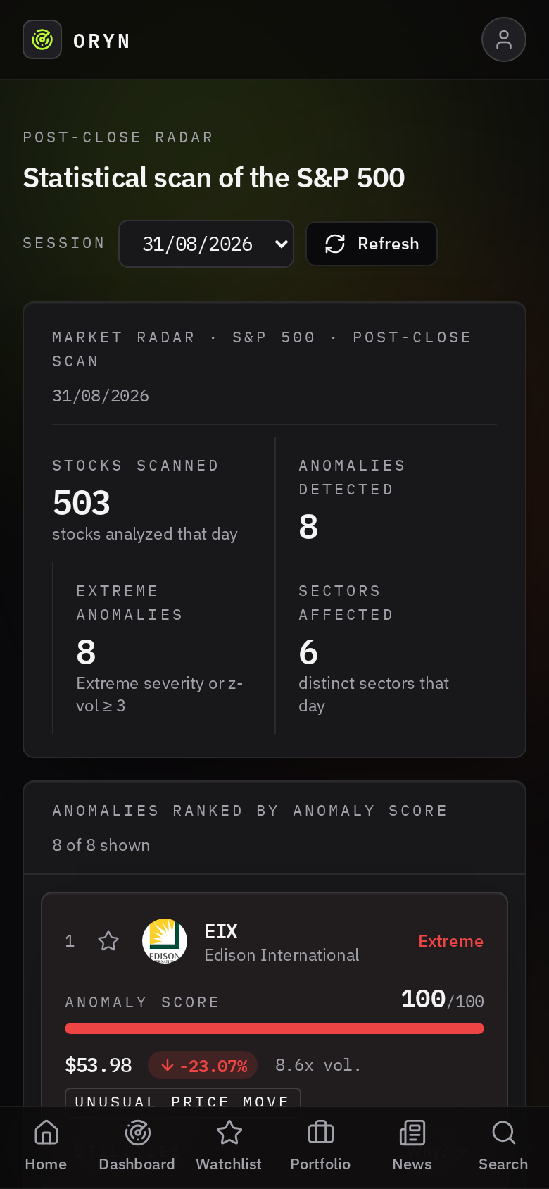 ORYN Dashboard screen on mobile